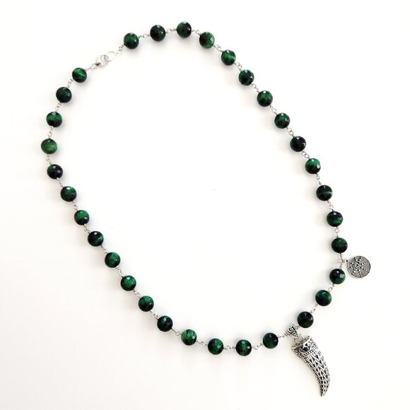 GREEN TIGERS EYE NECKLACE W/ 925 SILVER CLAW PENDANT--24" - Picture 2 of 2